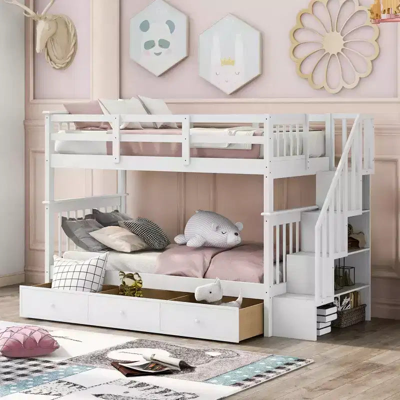 Lits superposés jumeaux Stairway pour enfants, cadre de lit superposé avec tiroirs de rangement et rampe de sécurité pour chambre à coucher et dortoir