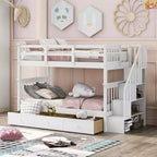 Lits superposés jumeaux Stairway pour enfants, cadre de lit superposé avec tiroirs de rangement et rampe de sécurité pour chambre à coucher et dortoir