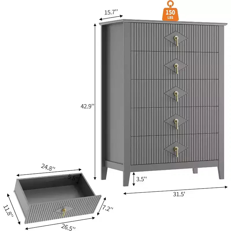 Commode COZONY 42.9 Tall Fluted à 5 tiroirs, commode moderne en bois pour chambre à coucher, meuble de rangement pour salon, couloir