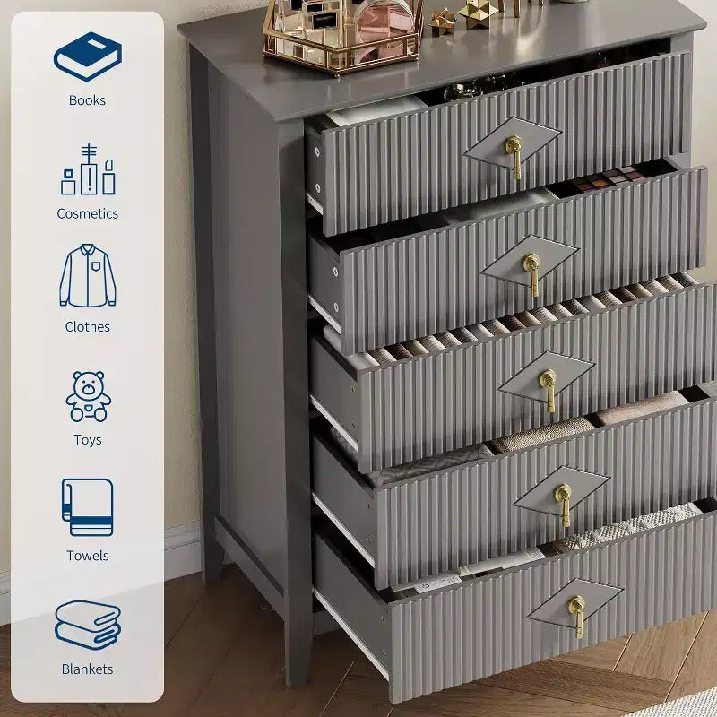 Commode COZONY 42.9 Tall Fluted à 5 tiroirs, commode moderne en bois pour chambre à coucher, meuble de rangement pour salon, couloir