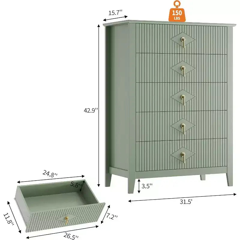 Commode COZONY 42.9 Tall Fluted à 5 tiroirs, commode moderne en bois pour chambre à coucher, meuble de rangement pour salon, couloir