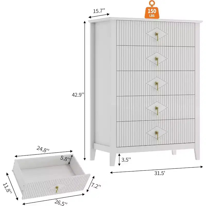Commode COZONY 42.9 Tall Fluted à 5 tiroirs, commode moderne en bois pour chambre à coucher, meuble de rangement pour salon, couloir