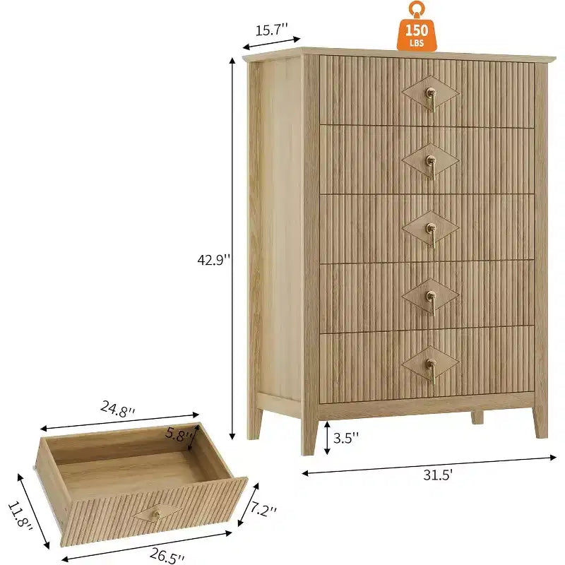 Commode COZONY 42.9 Tall Fluted à 5 tiroirs, commode moderne en bois pour chambre à coucher, meuble de rangement pour salon, couloir