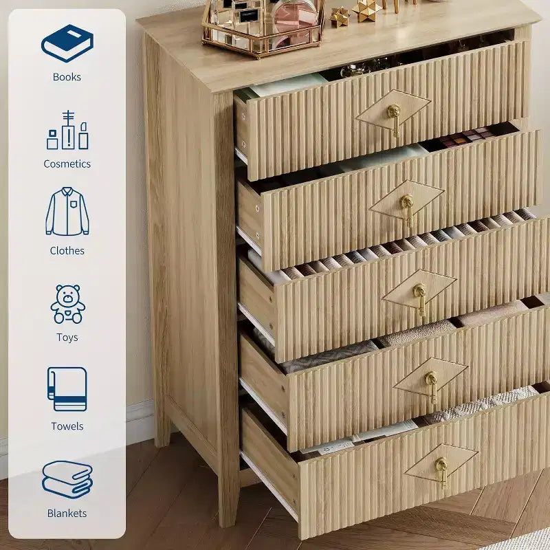Commode COZONY 42.9 Tall Fluted à 5 tiroirs, commode moderne en bois pour chambre à coucher, meuble de rangement pour salon, couloir
