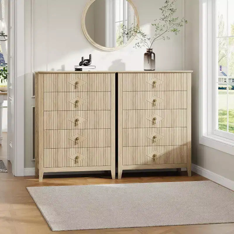 Commode COZONY 42.9 Tall Fluted à 5 tiroirs, commode moderne en bois pour chambre à coucher, meuble de rangement pour salon, couloir