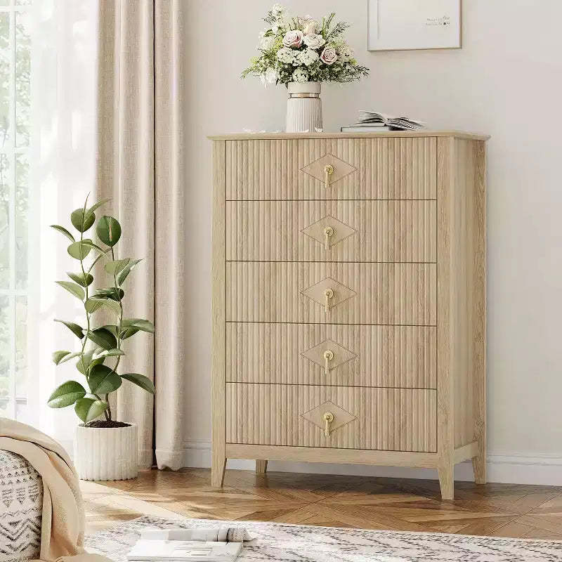 Commode COZONY 42.9 Tall Fluted à 5 tiroirs, commode moderne en bois pour chambre à coucher, meuble de rangement pour salon, couloir