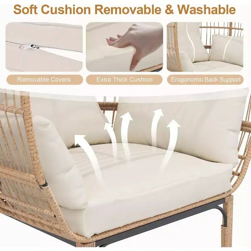 Fauteuil œuf en osier - Fauteuil œuf en rotin imperméable avec coussin d'assise épais, rotin tressé à la main, cadre galvanisé et pieds antidérapants - pour jardins, vérandas