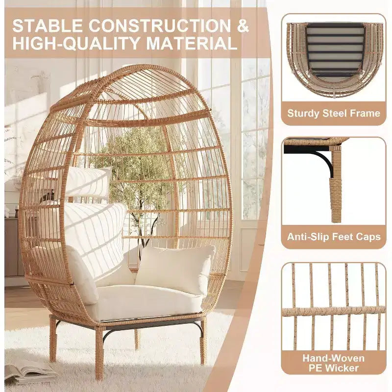 Fauteuil œuf en osier - Fauteuil œuf en rotin imperméable avec coussin d'assise épais, rotin tressé à la main, cadre galvanisé et pieds antidérapants - pour jardins, vérandas