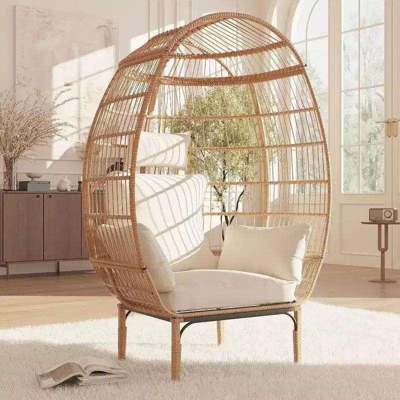 Fauteuil œuf en osier - Fauteuil œuf en rotin imperméable avec coussin d'assise épais, rotin tressé à la main, cadre galvanisé et pieds antidérapants - pour jardins, vérandas
