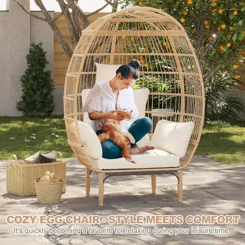 Fauteuil œuf en osier - Fauteuil œuf en rotin imperméable avec coussin d'assise épais, rotin tressé à la main, cadre galvanisé et pieds antidérapants - pour jardins, vérandas