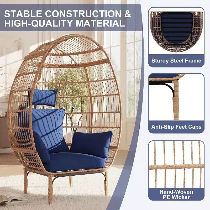 Fauteuil œuf en osier - Fauteuil œuf en rotin imperméable avec coussin d'assise épais, rotin tressé à la main, cadre galvanisé et pieds antidérapants - pour jardins, vérandas