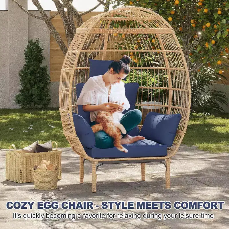 Fauteuil œuf en osier - Fauteuil œuf en rotin imperméable avec coussin d'assise épais, rotin tressé à la main, cadre galvanisé et pieds antidérapants - pour jardins, vérandas