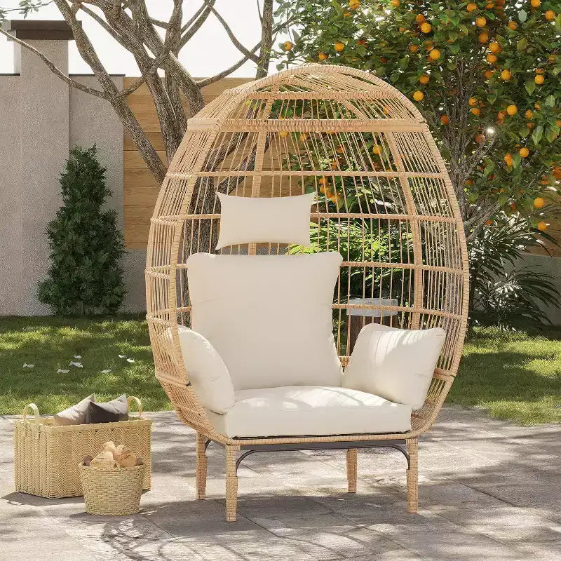 Fauteuil œuf en osier - Fauteuil œuf en rotin imperméable avec coussin d'assise épais, rotin tressé à la main, cadre galvanisé et pieds antidérapants - pour jardins, vérandas