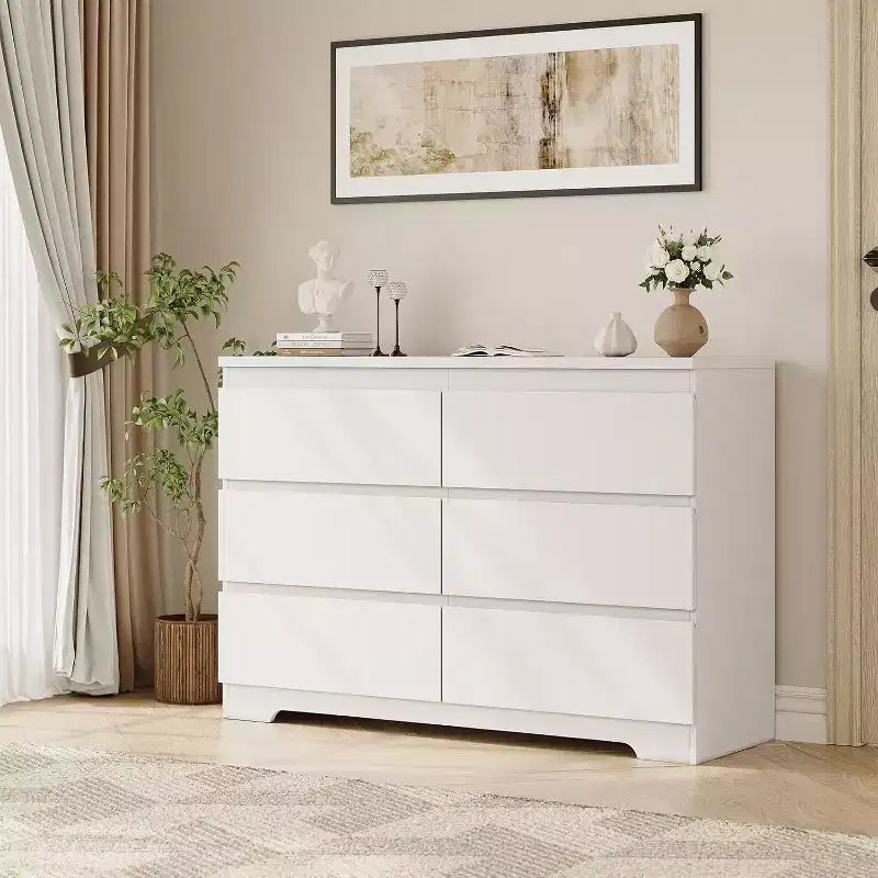 COZONY Commode moderne à 6 tiroirs, Armoire de rangement contemporaine en bois, Commode double pour chambre à coucher, salon, entrée
