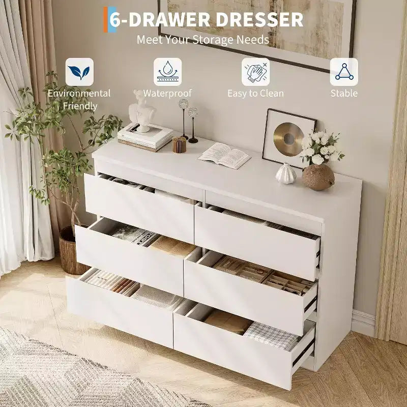COZONY Commode moderne à 6 tiroirs, Armoire de rangement contemporaine en bois, Commode double pour chambre à coucher, salon, entrée