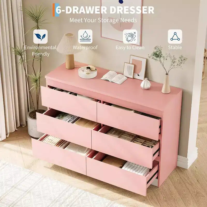 COZONY Commode moderne à 6 tiroirs, Armoire de rangement contemporaine en bois, Commode double pour chambre à coucher, salon, entrée