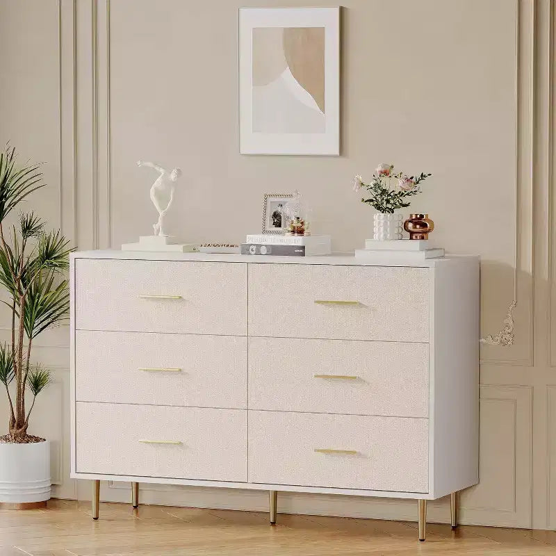 COZONY 6 Drawer White Dresser, Modern Chest of Drawers with Gold Metal Legs and Handles, Fabric Front Wooden Storage Cabinet for Bedroom, Living Room