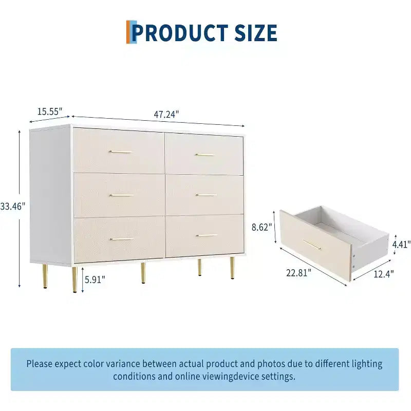 Commode blanche à 6 tiroirs COZONY, commode moderne avec pieds et poignées en métal doré, meuble de rangement en bois avec façade en tissu pour chambre à coucher, salon