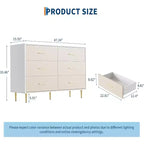 Commode blanche à 6 tiroirs COZONY, commode moderne avec pieds et poignées en métal doré, meuble de rangement en bois avec façade en tissu pour chambre à coucher, salon