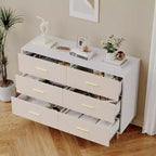 Commode blanche à 6 tiroirs COZONY, commode moderne avec pieds et poignées en métal doré, meuble de rangement en bois avec façade en tissu pour chambre à coucher, salon
