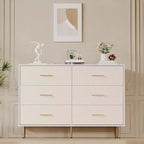 Commode blanche à 6 tiroirs COZONY, commode moderne avec pieds et poignées en métal doré, meuble de rangement en bois avec façade en tissu pour chambre à coucher, salon
