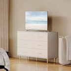 Commode blanche à 6 tiroirs COZONY, commode moderne avec pieds et poignées en métal doré, meuble de rangement en bois avec façade en tissu pour chambre à coucher, salon