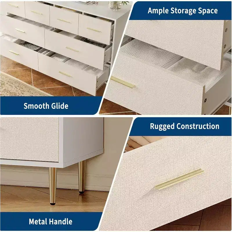 Commode blanche à 6 tiroirs COZONY, commode moderne avec pieds et poignées en métal doré, meuble de rangement en bois avec façade en tissu pour chambre à coucher, salon