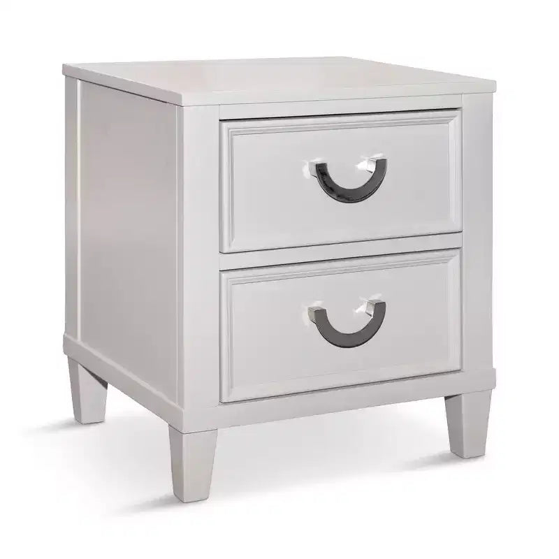 Table de chevet Royal Hampton à 2 tiroirs, métal chromé, bois blanc