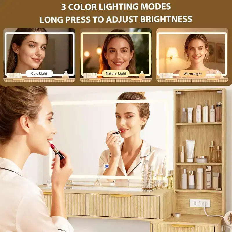 Coiffeuse à cannelures de 48 pouces avec miroir et lumières, table de maquillage moderne avec miroir éclairé à 36 LED, 3 modes de couleur, prise intégrée
