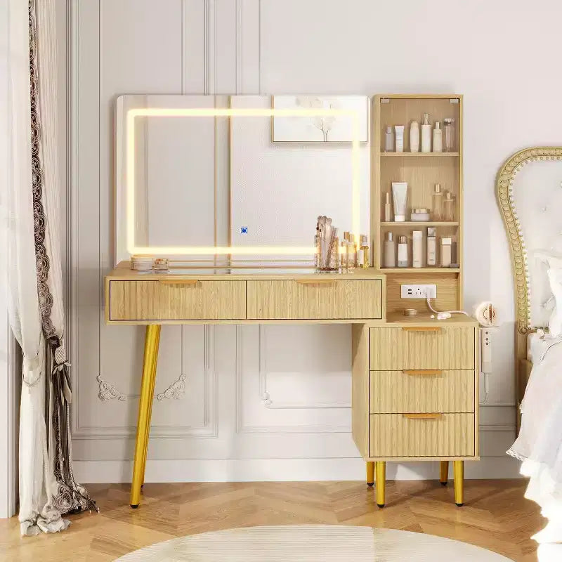 Coiffeuse à cannelures de 48 pouces avec miroir et lumières, table de maquillage moderne avec miroir éclairé à 36 LED, 3 modes de couleur, prise intégrée