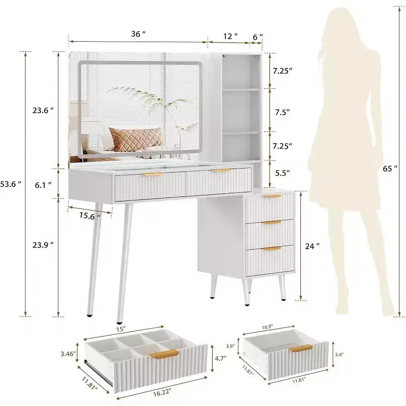 Coiffeuse à cannelures de 48 pouces avec miroir et lumières, table de maquillage moderne avec miroir éclairé à 36 LED, 3 modes de couleur, prise intégrée