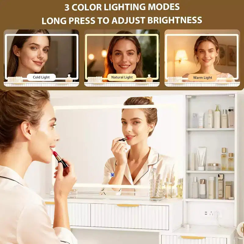 Coiffeuse à cannelures de 48 pouces avec miroir et lumières, table de maquillage moderne avec miroir éclairé à 36 LED, 3 modes de couleur, prise intégrée