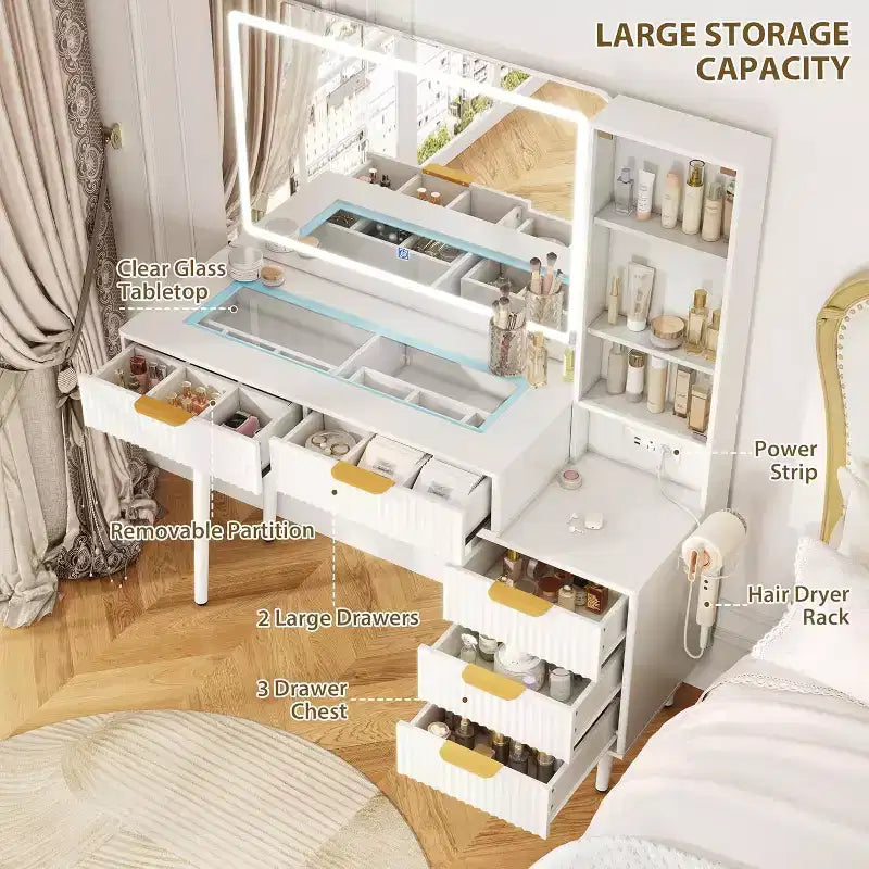 Coiffeuse à cannelures de 48 pouces avec miroir et lumières, table de maquillage moderne avec miroir éclairé à 36 LED, 3 modes de couleur, prise intégrée