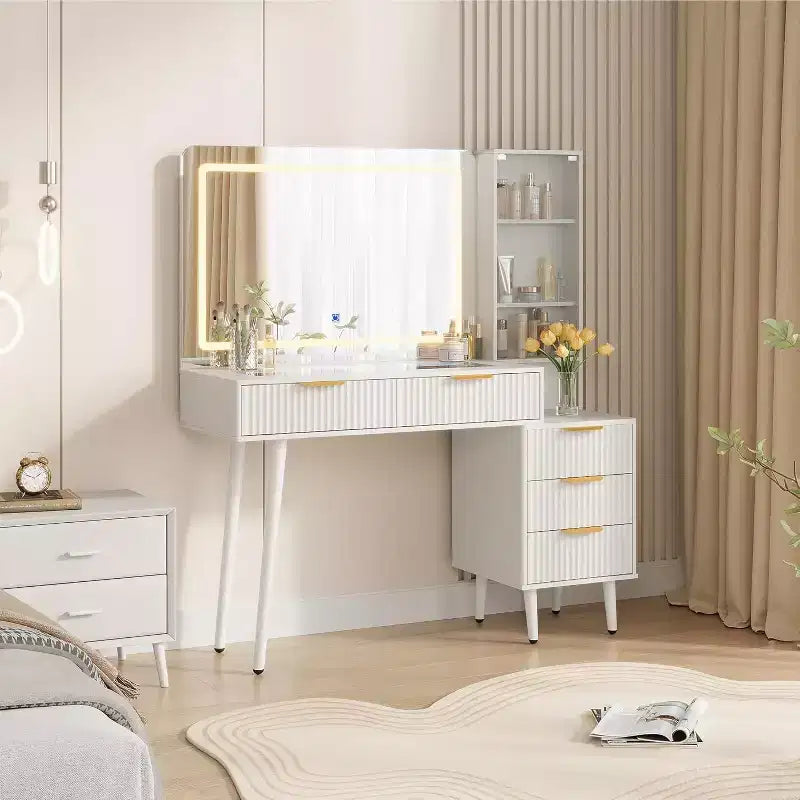 Coiffeuse à cannelures de 48 pouces avec miroir et lumières, table de maquillage moderne avec miroir éclairé à 36 LED, 3 modes de couleur, prise intégrée