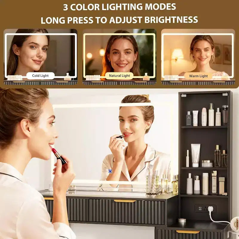Coiffeuse à cannelures de 48 pouces avec miroir et lumières, table de maquillage moderne avec miroir éclairé à 36 LED, 3 modes de couleur, prise intégrée