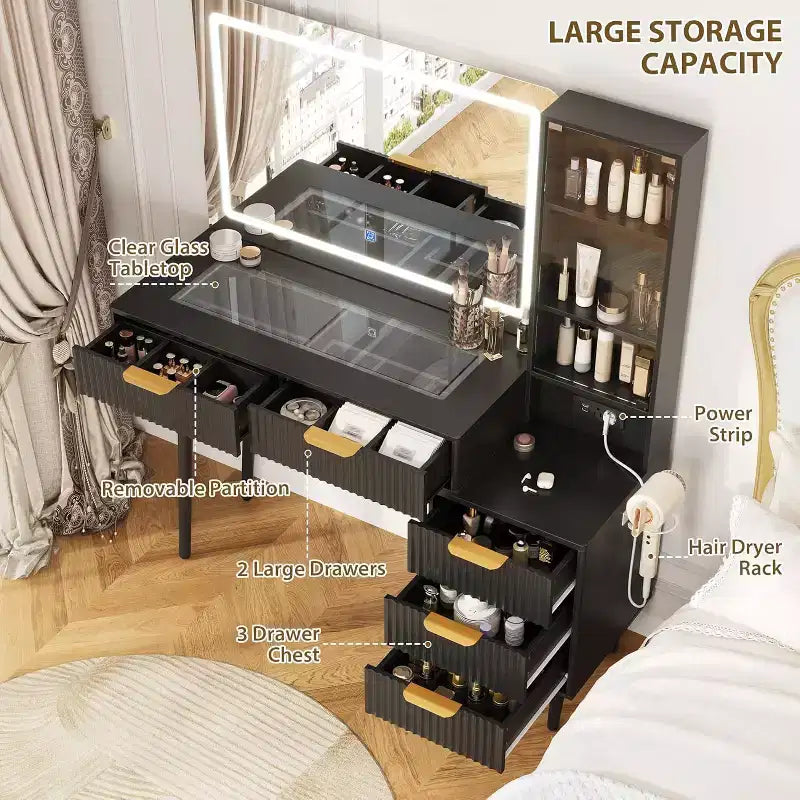 Coiffeuse à cannelures de 48 pouces avec miroir et lumières, table de maquillage moderne avec miroir éclairé à 36 LED, 3 modes de couleur, prise intégrée