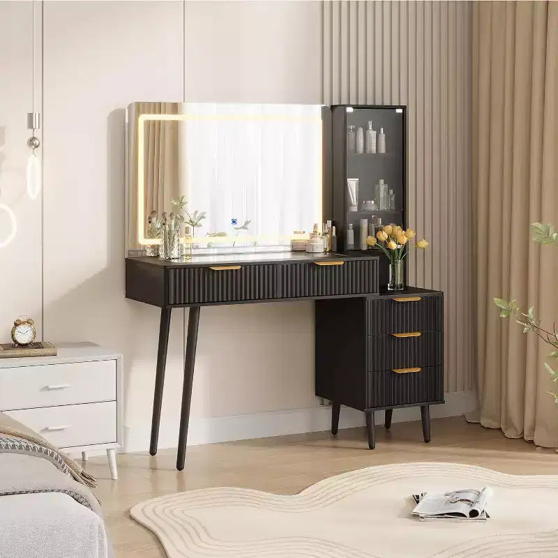 Coiffeuse à cannelures de 48 pouces avec miroir et lumières, table de maquillage moderne avec miroir éclairé à 36 LED, 3 modes de couleur, prise intégrée