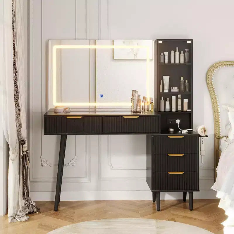 Coiffeuse à cannelures de 48 pouces avec miroir et lumières, table de maquillage moderne avec miroir éclairé à 36 LED, 3 modes de couleur, prise intégrée