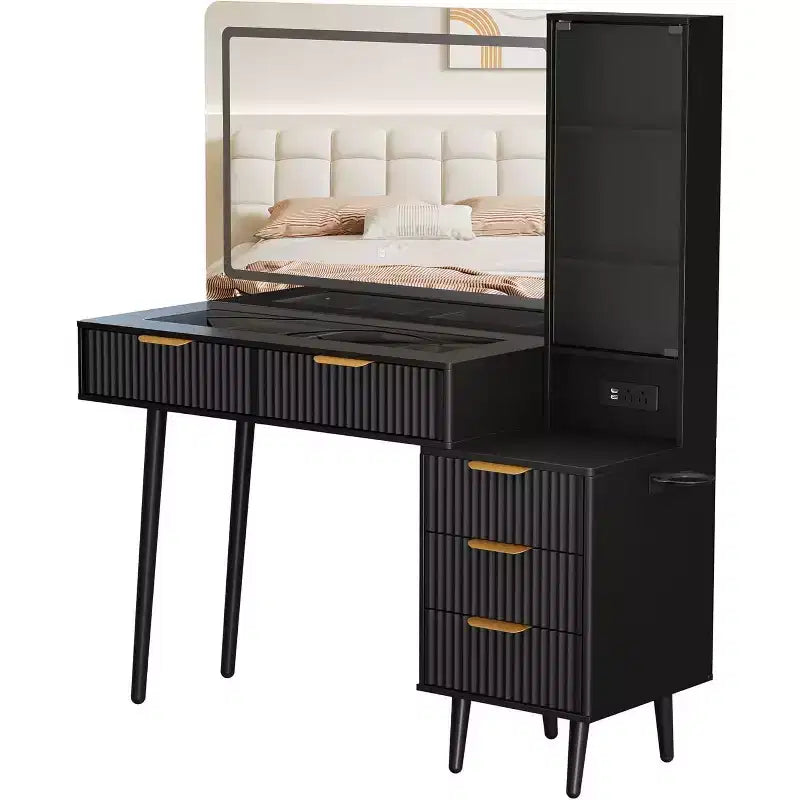 48 Fluted Makeup Vanity Desk with Mirror and Lights, Modern Makeup Table with 36 Lighted Mirror, 3 Color Modes, Built-in Outlet