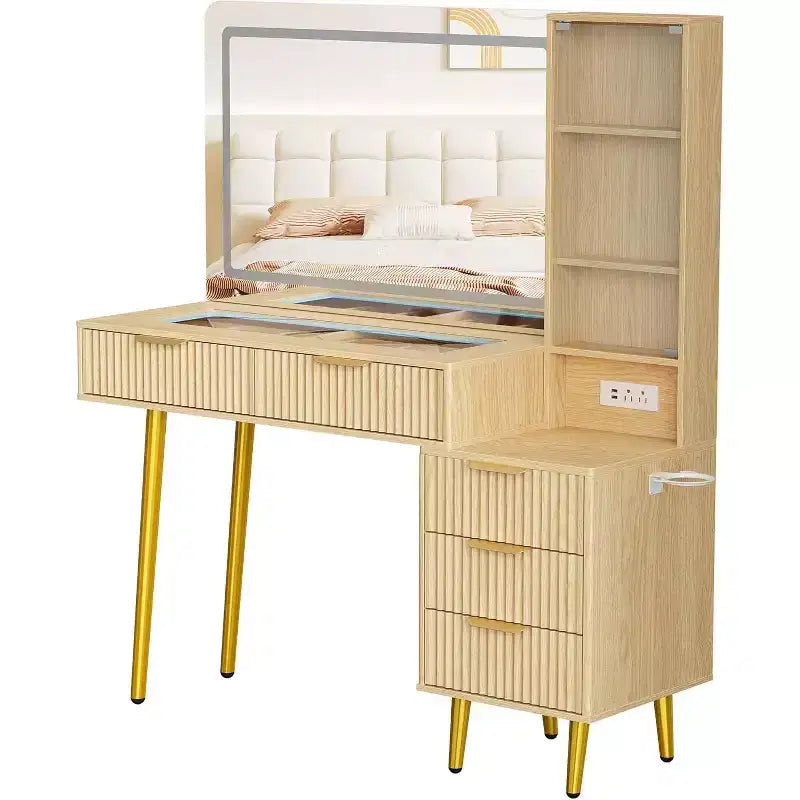 Coiffeuse à cannelures de 48 pouces avec miroir et lumières, table de maquillage moderne avec miroir éclairé à 36 LED, 3 modes de couleur, prise intégrée