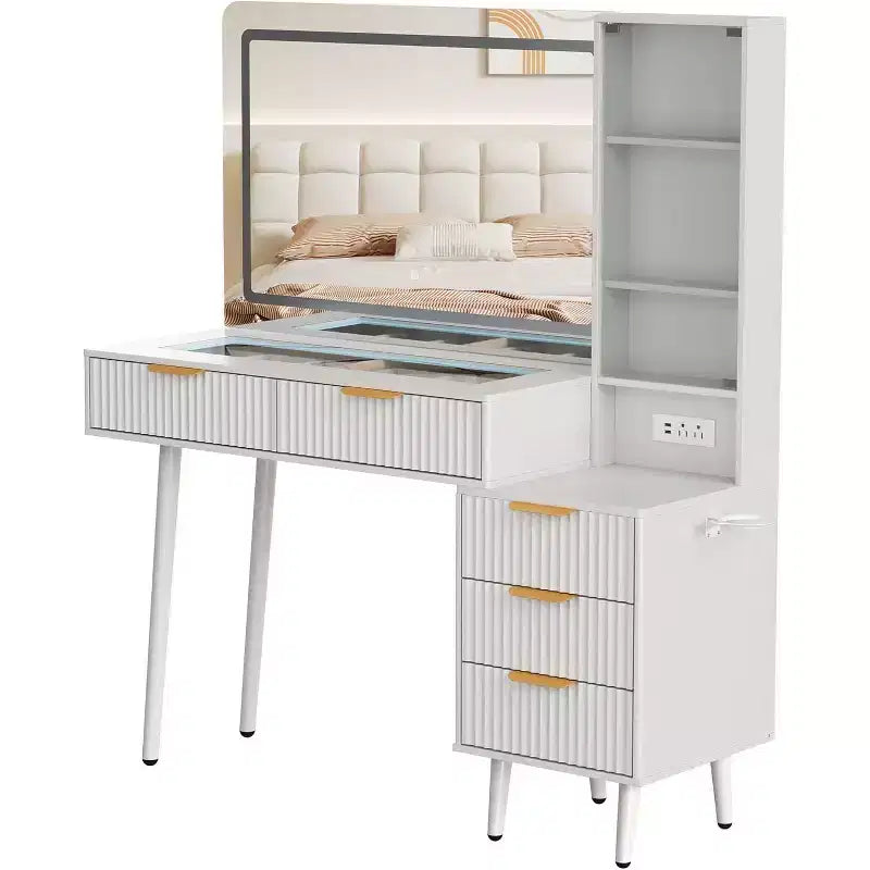 Coiffeuse à cannelures de 48 pouces avec miroir et lumières, table de maquillage moderne avec miroir éclairé à 36 LED, 3 modes de couleur, prise intégrée