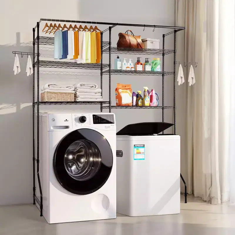 Étagères de rangement pour lave-linge et sèche-linge VEVOR, séchoir à linge à 6 niveaux avec tringle à cintres et crochets, étagères pour lave-linge à deux rangées pour économiser l'espace, noir