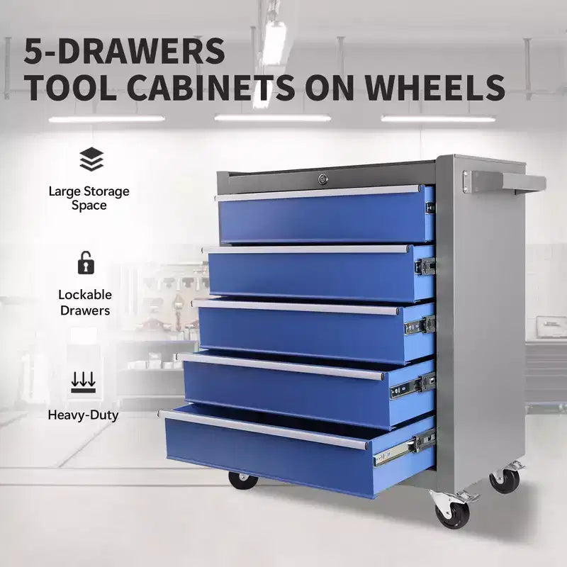 Servante d'atelier 5 tiroirs sur roulettes avec partie supérieure amovible, Boîte à outils en acier robuste