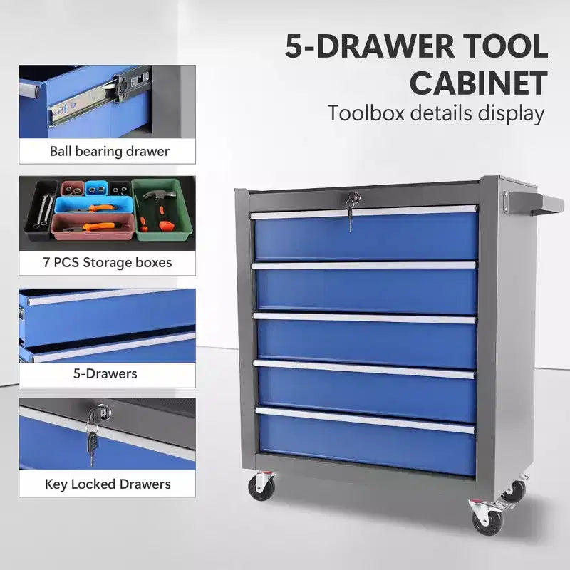 Servante d'atelier 5 tiroirs sur roulettes avec partie supérieure amovible, Boîte à outils en acier robuste