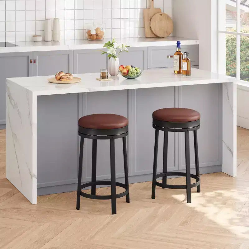 Ensemble de 2 tabourets de bar, hauteur 61 cm, revêtement en cuir PU et cadre en métal noir, tabourets de bar ronds sans dossier pour îlot de cuisine, salle à manger, bar à domicile