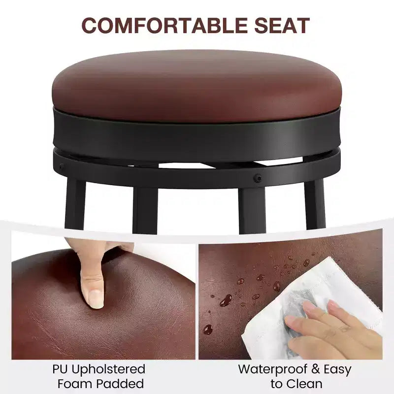 Ensemble de 2 tabourets de bar, hauteur 61 cm, revêtement en cuir PU et cadre en métal noir, tabourets de bar ronds sans dossier pour îlot de cuisine, salle à manger, bar à domicile