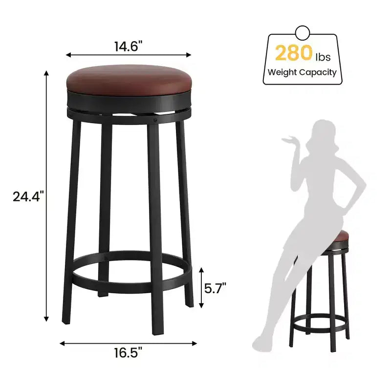 Ensemble de 2 tabourets de bar, hauteur 61 cm, revêtement en cuir PU et cadre en métal noir, tabourets de bar ronds sans dossier pour îlot de cuisine, salle à manger, bar à domicile