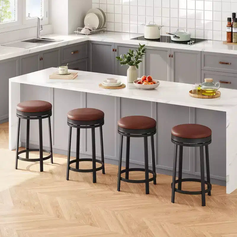 Ensemble de 2 tabourets de bar, hauteur 61 cm, revêtement en cuir PU et cadre en métal noir, tabourets de bar ronds sans dossier pour îlot de cuisine, salle à manger, bar à domicile