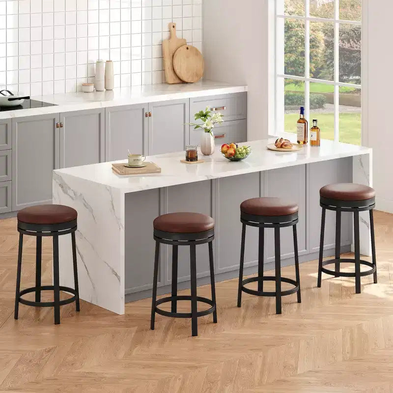 Ensemble de 2 tabourets de bar, hauteur 61 cm, revêtement en cuir PU et cadre en métal noir, tabourets de bar ronds sans dossier pour îlot de cuisine, salle à manger, bar à domicile