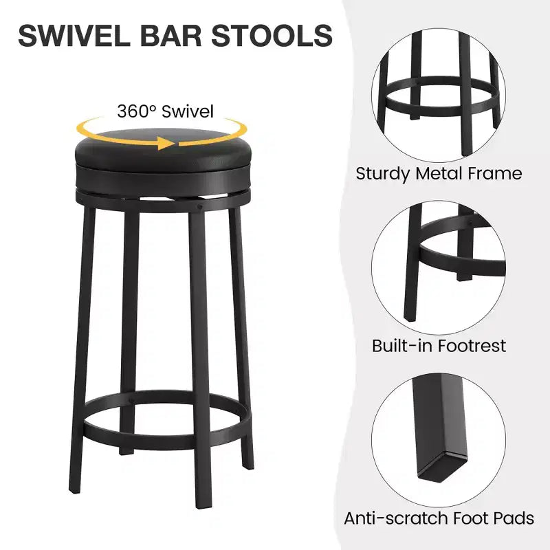 Ensemble de 2 tabourets de bar, hauteur 61 cm, revêtement en cuir PU et cadre en métal noir, tabourets de bar ronds sans dossier pour îlot de cuisine, salle à manger, bar à domicile